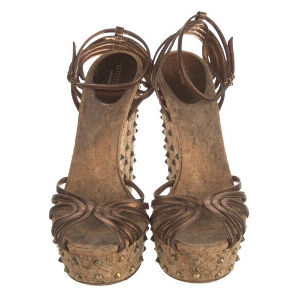 AUTH Gucci Metallic Brown Leather Studded Cork Platform Wedge Sandals Sz EU 40 - Picture 2 of 6